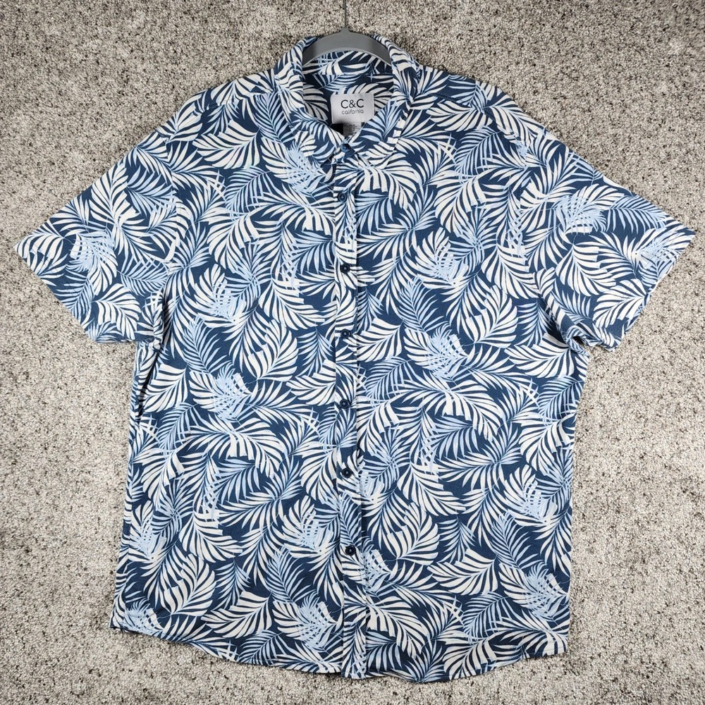 C&C California Button Down Mens XL Tropical Palm Leaf Print Stretch Excellent